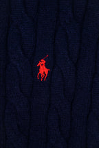 Navy quarter-zip sweater with small red Polo rider logo