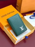 Louis Vuitton small bag wallet, teal green, embossed LV logo on front
