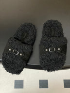 Black Balenciaga fuzzy slide sandals with metal-stud buckle straps