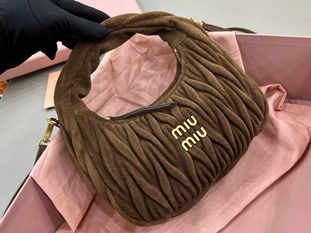 MiuMiu ruched hobo bag front close-up with miu miu logo, olive-brown fabric