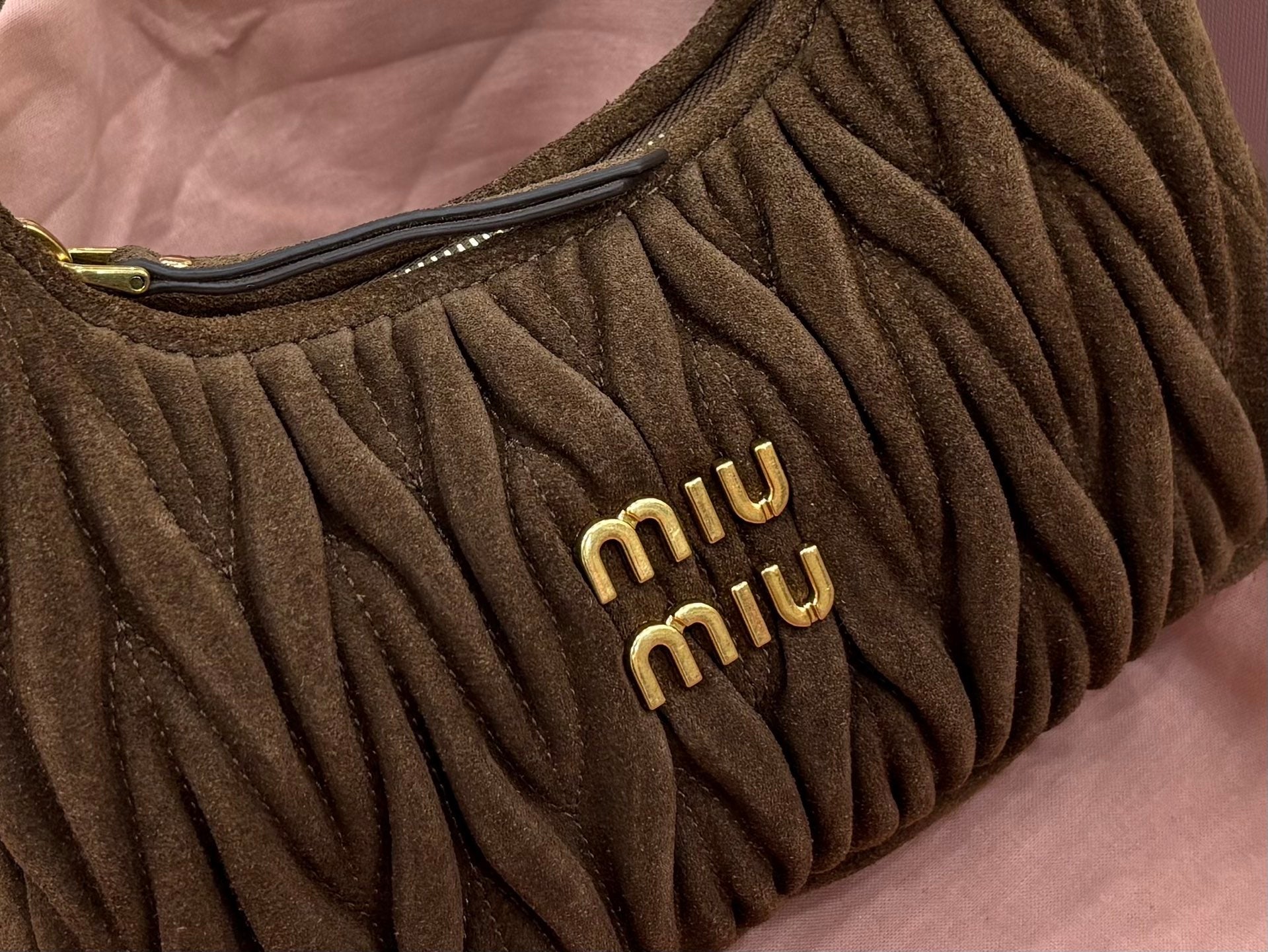 MiuMiu miu miu logo on ruched hobo bag, olive-brown fabric, gold lettering