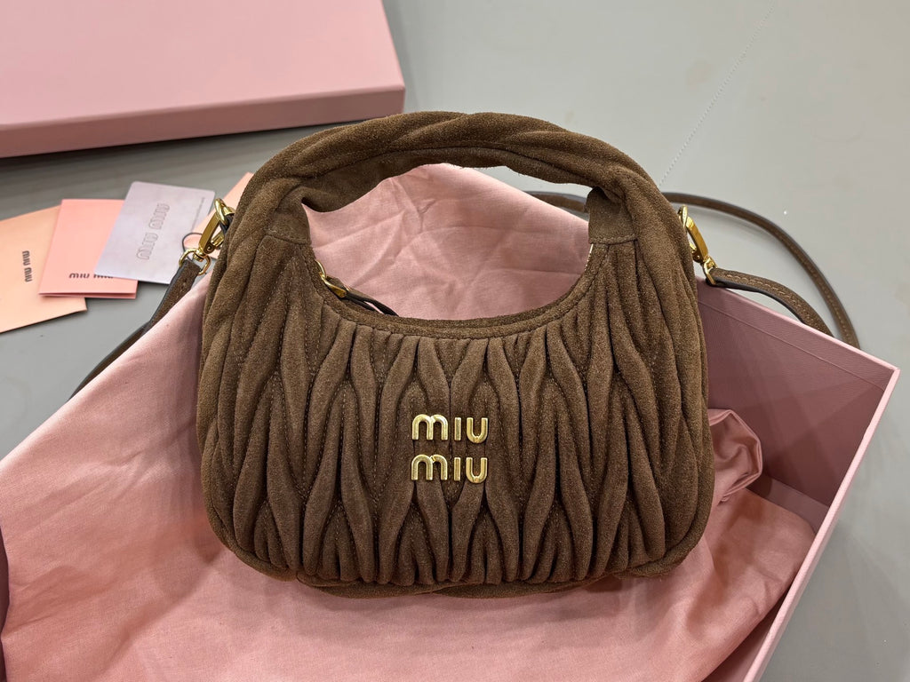 MiuMiu ruched hobo bag with miu miu logo, olive-brown fabric, gold handles