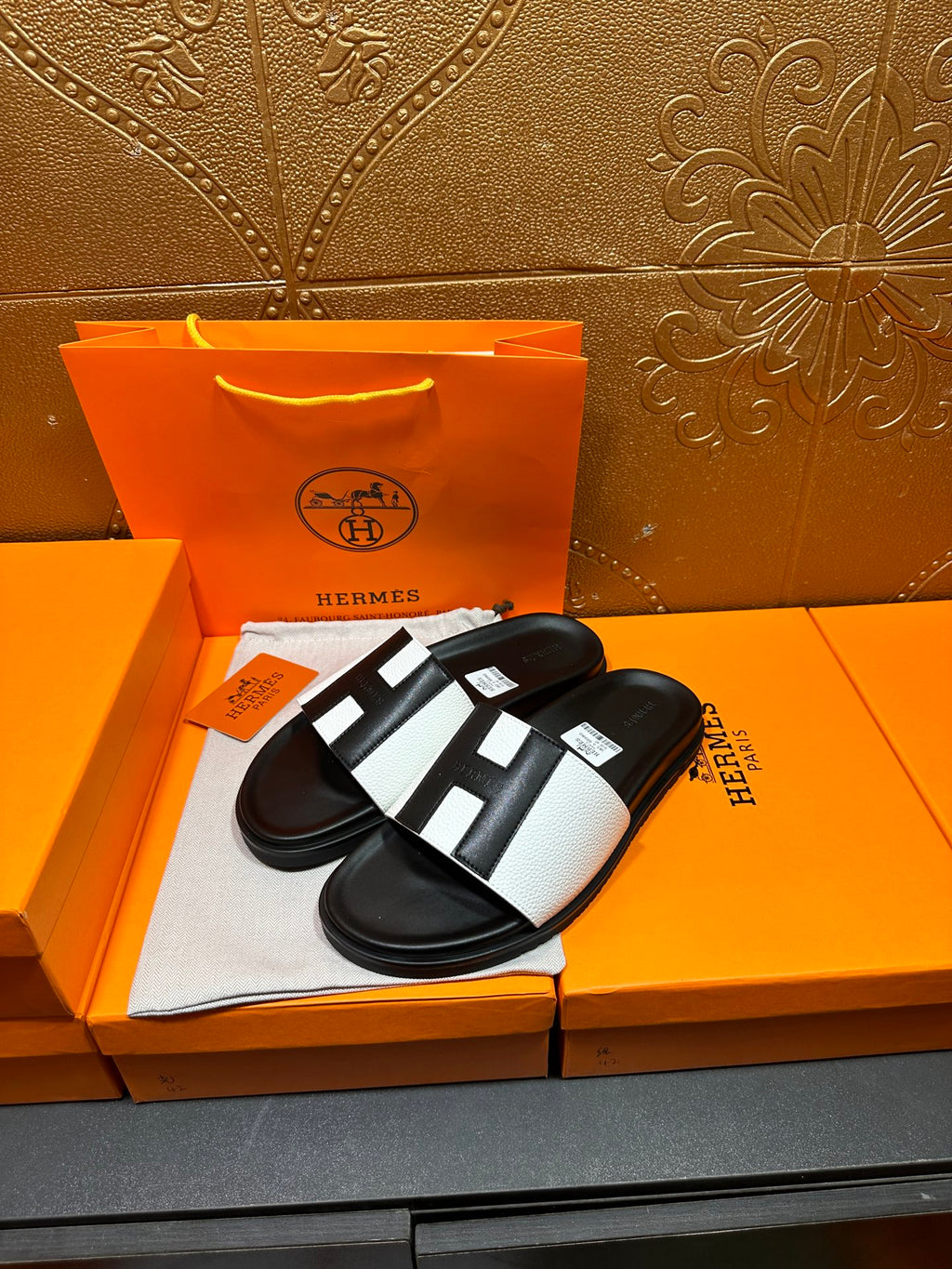 Hermes slide sandals, black sole with white strap and black insets