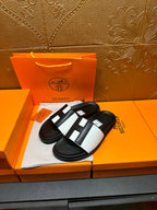 Hermes slide sandals, black sole with white strap and black insets