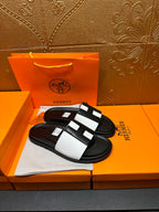 Hermes slide sandals, black sole with white cross strap and black insets
