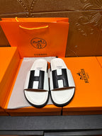 Hermes slide sandals, white footbed with black H-style cross strap