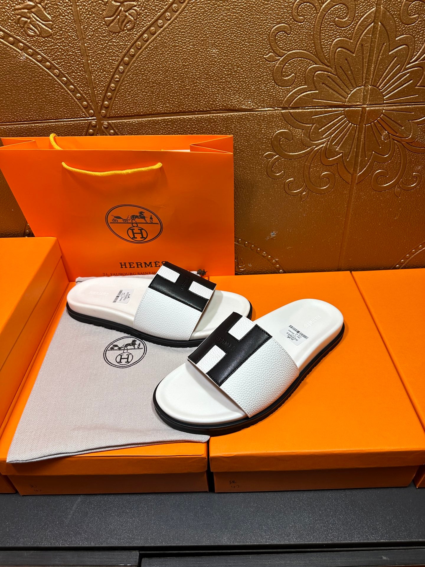 Hermes slide sandals, white footbed and black H-style cross strap