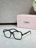 Black full-rim eyeglasses with clear lenses and MiuMiu logo at the front