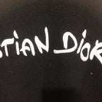 Dior long jacket logo text detail in white on dark fabric