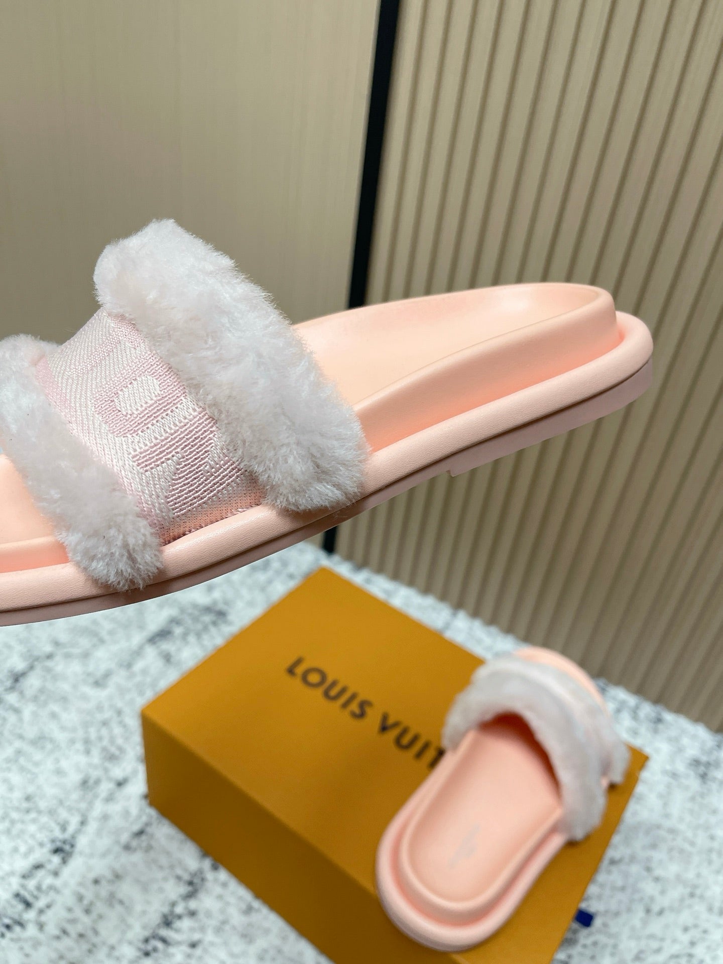 Louis Vuitton pink slide sandals with fuzzy strap and open heel