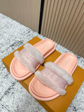 Louis Vuitton pink slide sandals with fuzzy monogram strap