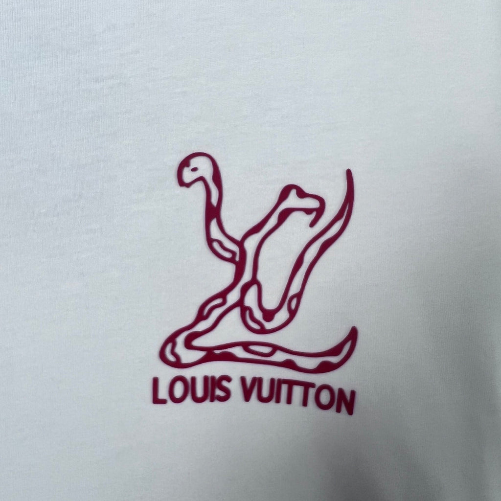 Maroon Louis Vuitton logo graphic on white sweatshirt fabric