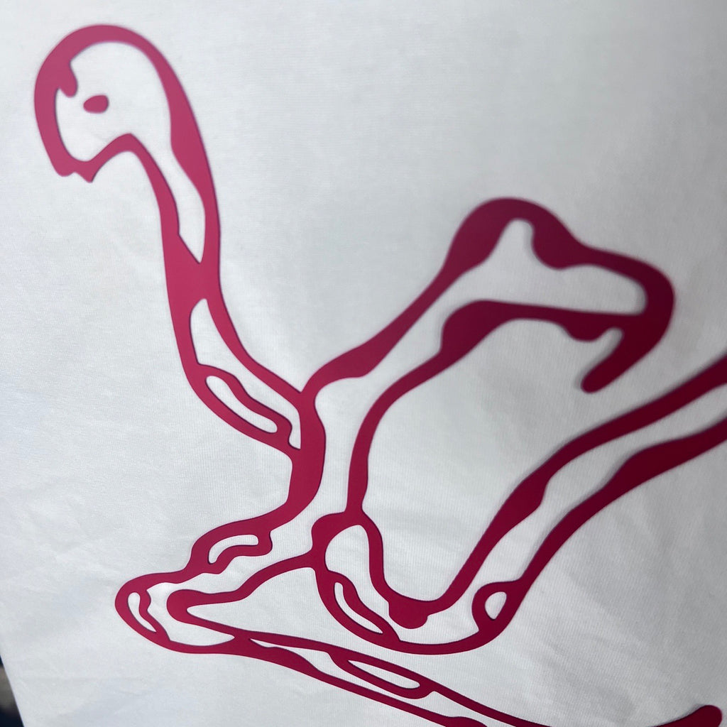 Maroon logo line art graphic on white sweatshirt fabric