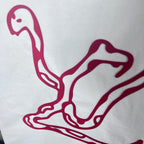 Maroon logo line art graphic on white sweatshirt fabric