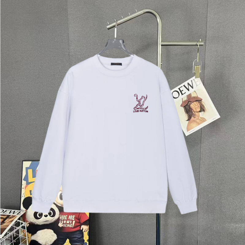 White long-sleeve sweatshirt with maroon logo on the chest and ribbed cuffs