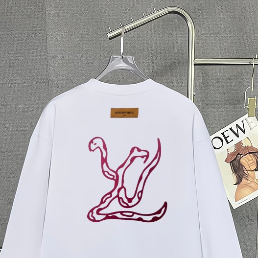 White sweatshirt back with large maroon logo print and small neck label