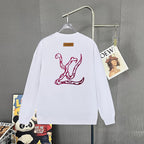 White long-sleeve sweatshirt back view with maroon logo and neck label