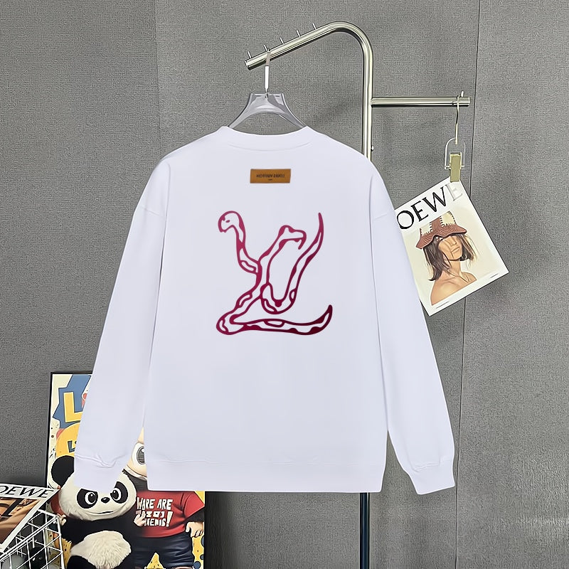 White long-sleeve sweatshirt back view with maroon logo and neck label