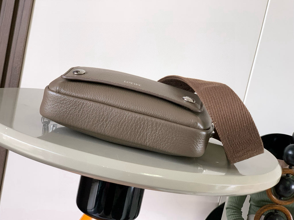 Loewe men's taupe leather crossbody bag, top flap and silver stud detail