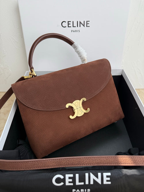 Celine brown leather top-handle bag with flap and gold logo clasp