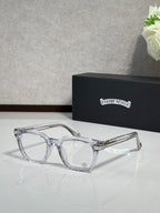 Clear full-rim eyeglasses with gold-accent temples and rectangular lenses