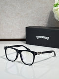 Chrome glasses with black rectangular frames and clear lenses, ornate temple details