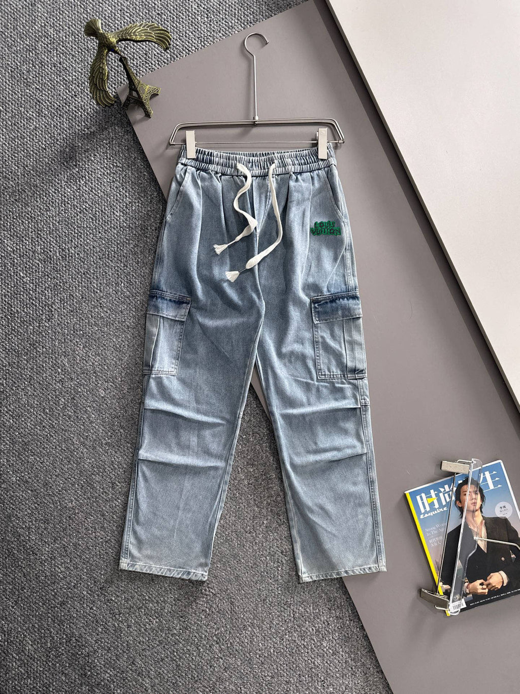 Louis Vuitton light blue denim cargo pants, elastic waist with drawstring, front pockets