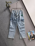 Louis Vuitton light blue denim cargo pants, elastic waist with drawstring, front pockets