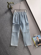 Louis Vuitton light blue denim cargo pants on hanger, elastic waist with drawstring