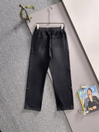 Dior dark denim pants on hanger, elastic waistband and straight tapered legs