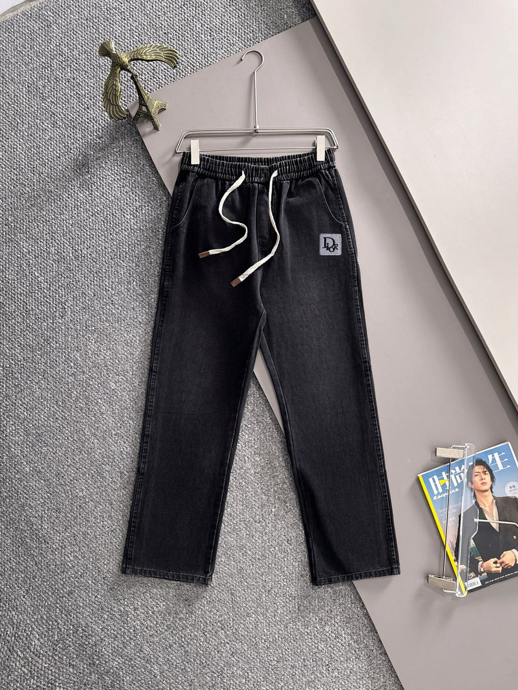 Dior dark denim pants with drawstring elastic waistband and straight legs