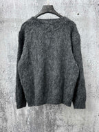 Dark gray fuzzy knit sweater with crew neck and plain back
