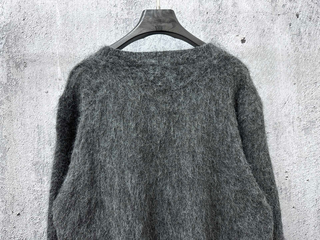 Dark gray fuzzy knit sweater with crew neck, relaxed fit, plain back view