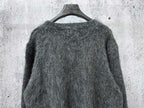 Dark gray fuzzy knit sweater with crew neck, relaxed fit, plain back view
