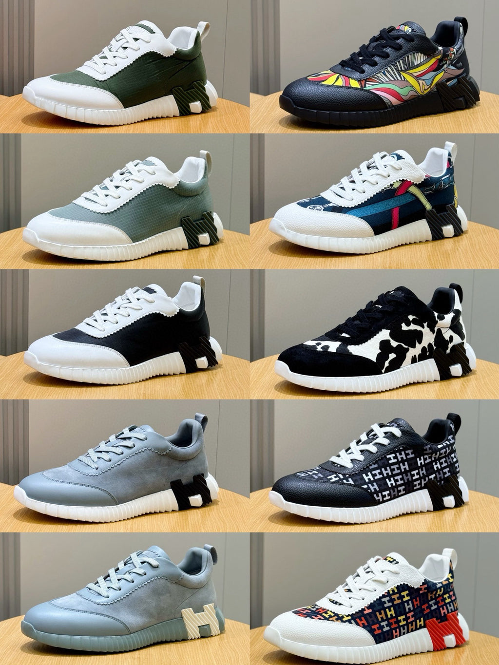 Hermes unisex sneaker styles collage: white, black, gray, and patterned uppers with soles.