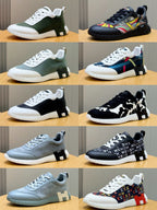 Hermes unisex sneaker styles collage: white, black, gray, and patterned uppers with soles.