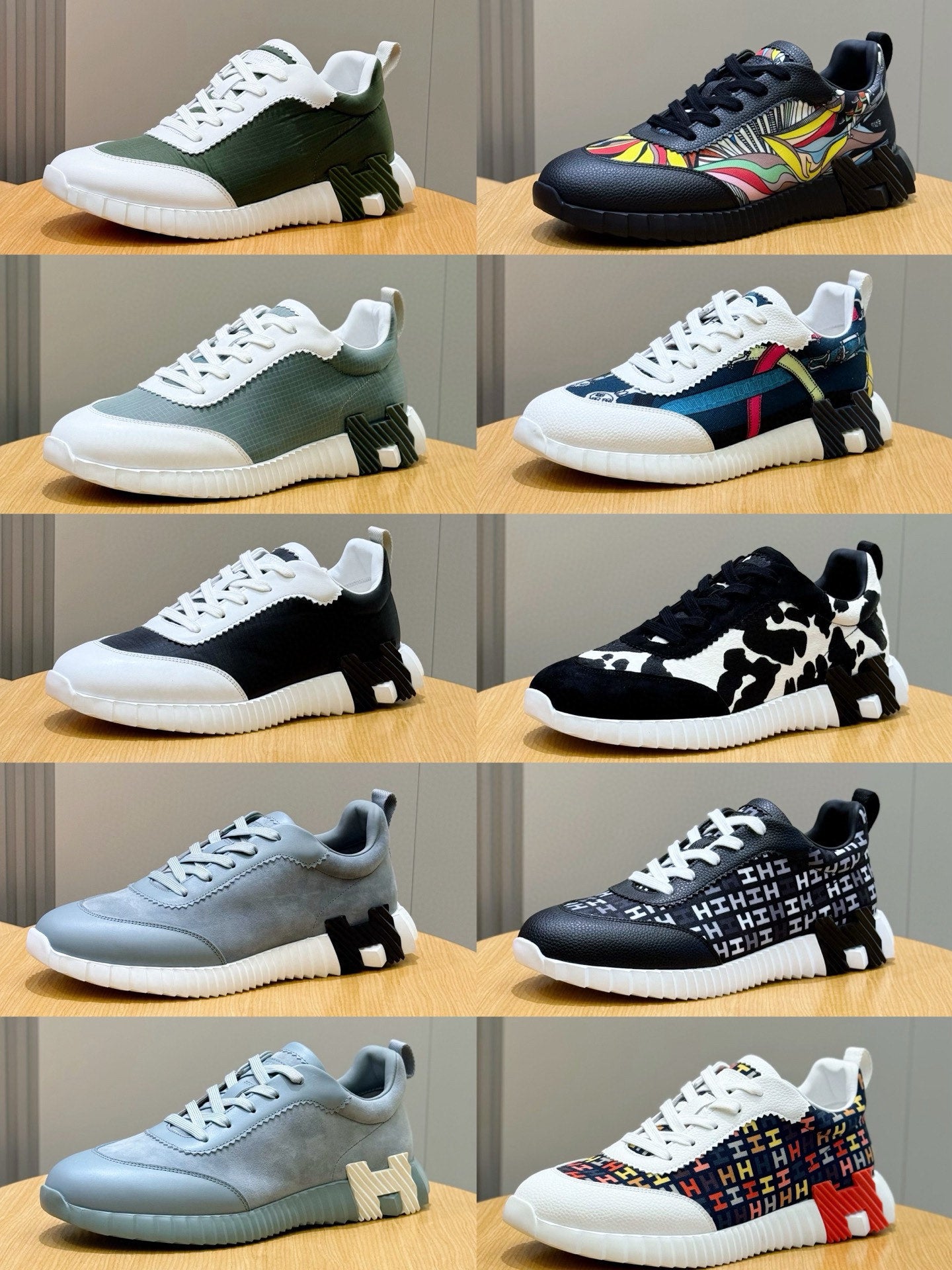 Hermes unisex sneaker styles collage: white, black, gray, and patterned uppers with soles.