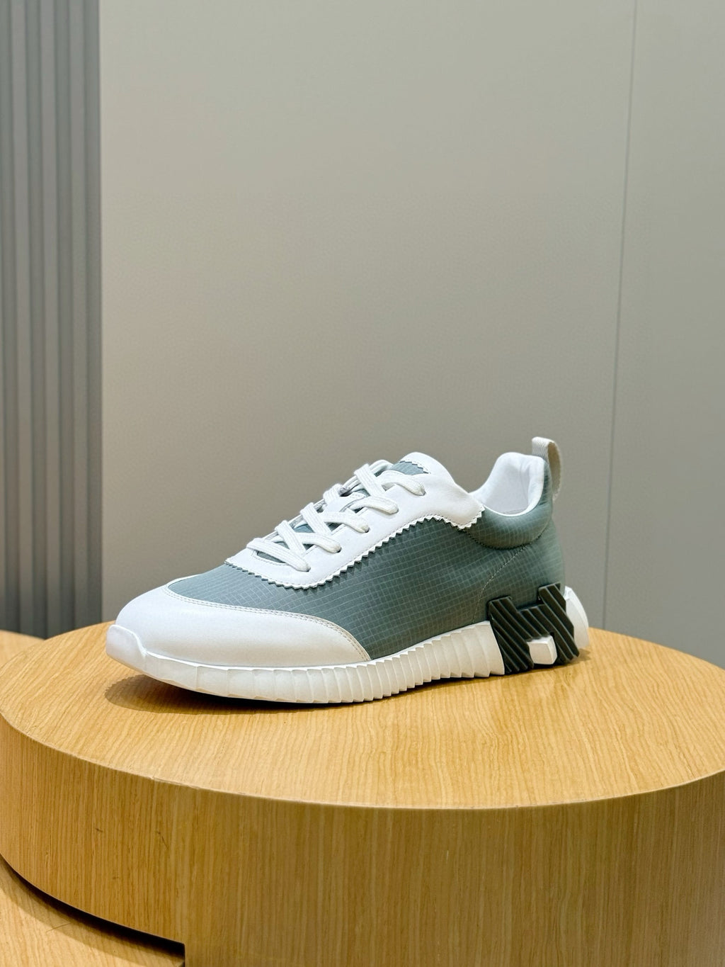 Hermes unisex lace-up sneakers, white sole and gray-green mesh upper