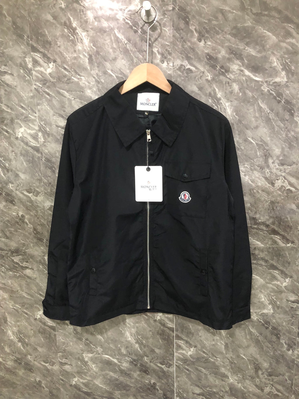 Moncler black long jacket with snap buttons and chest pocket