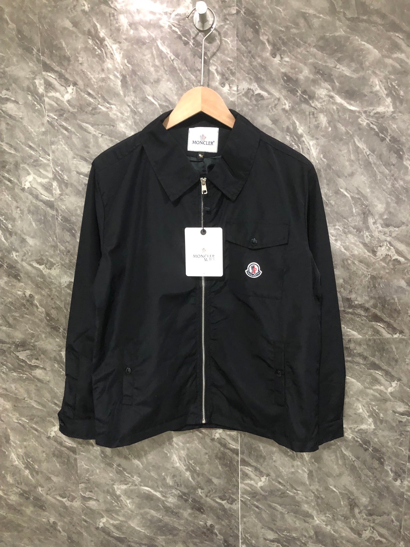 Moncler black long jacket with snap buttons and chest pocket