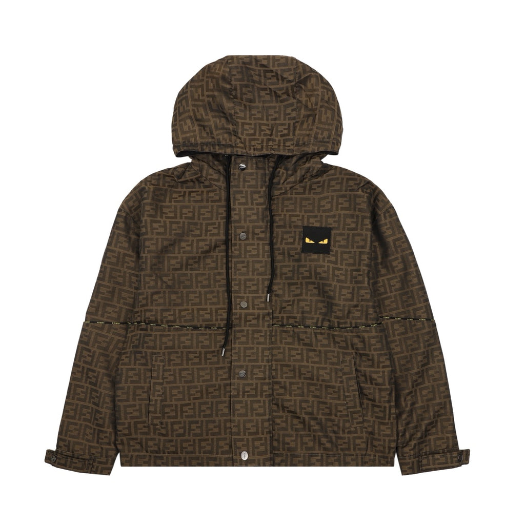 Brown Fendi hooded jacket with FF pattern, snap buttons and front pockets.