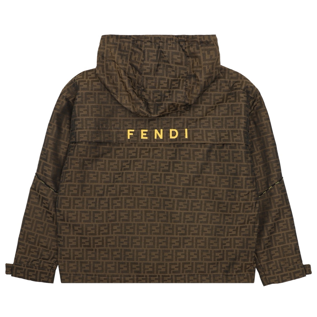Back of brown Fendi hooded jacket with FF pattern and yellow 'FENDI' logo.