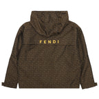 Back of brown Fendi hooded jacket with FF pattern and yellow 'FENDI' logo.