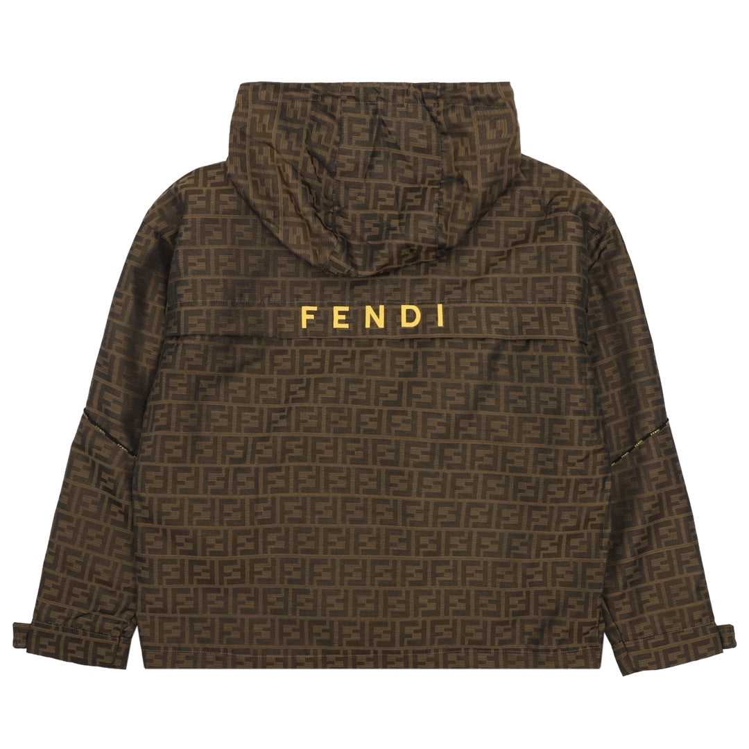 Back of brown Fendi hooded jacket with FF pattern and yellow 'FENDI' logo.