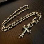 Chrome accessories two necklace chains with cross pendant, silver-tone links and flower details