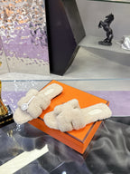 Hermes ladies shearling slides, cream fuzzy pair on orange box