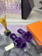 Hermes ladies purple faux-fur slides with bow strap, on orange box