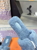 Hermes light blue plush slide sandal, open toe strap with round emblem detail