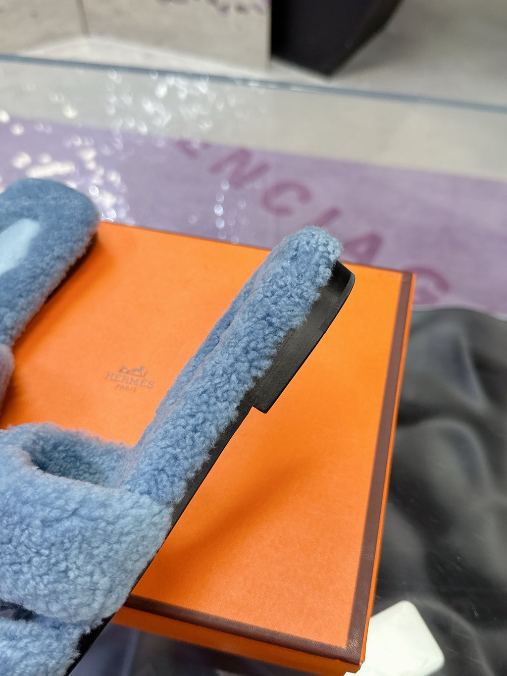 Hermes light blue plush slide sandals, V-shaped cutout with white strap and emblem