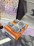 Hermes luxury shoes, grey furry double-strap slide on orange box